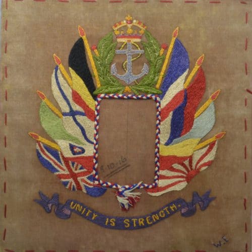 WW1 10 F5799 Embrodery - Flags of allied nations surmounted by anchor over motto Unity is strength 3.10.16 close-up