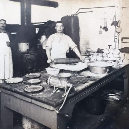 WW1 18 Private Charles Willis Theobald (Royal Canadian Dragoons), centre, working in regimental kitchen, Canada 1914