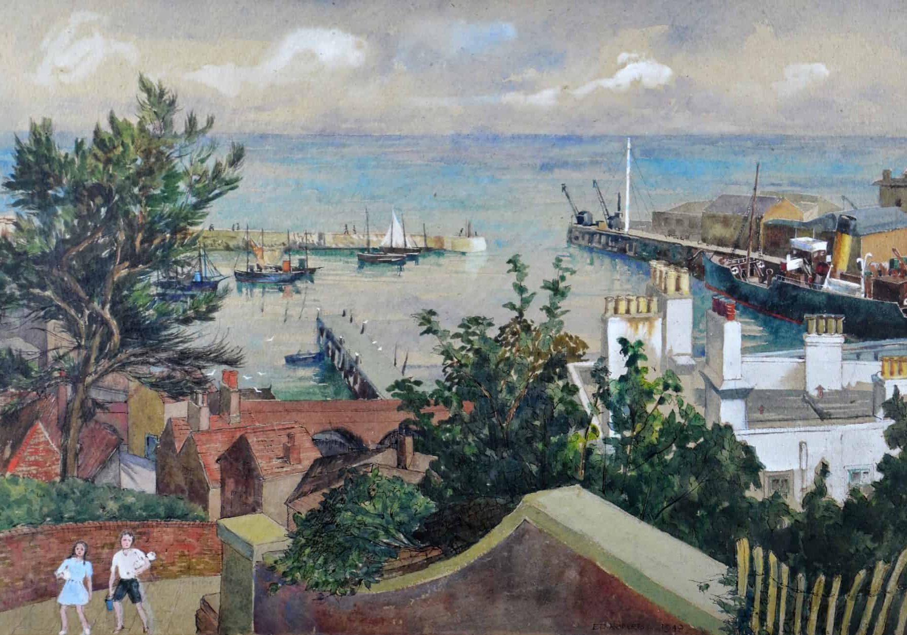 Seaside holidays 18 F3714 (2) Folkestone Harbour from the Bayle Steps. 1949 Artist E D Roberts