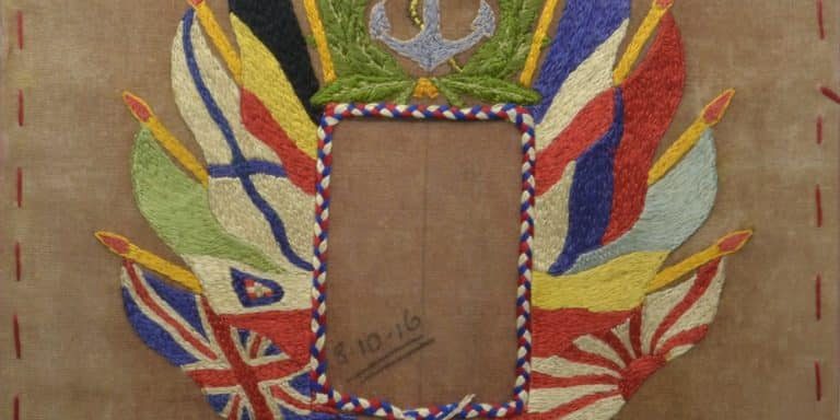 WW1 10 F5799 Embrodery - Flags of allied nations surmounted by anchor over motto Unity is strength 3.10.16 close-up